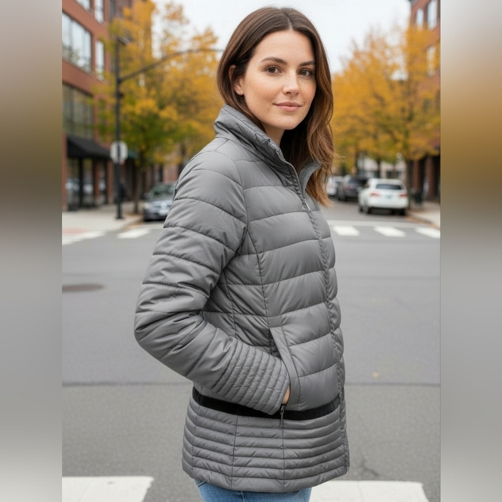 Hawke & Co. Women's Quilted Down Fill Grey Black Puffer Jacket Lightweight Sz L
